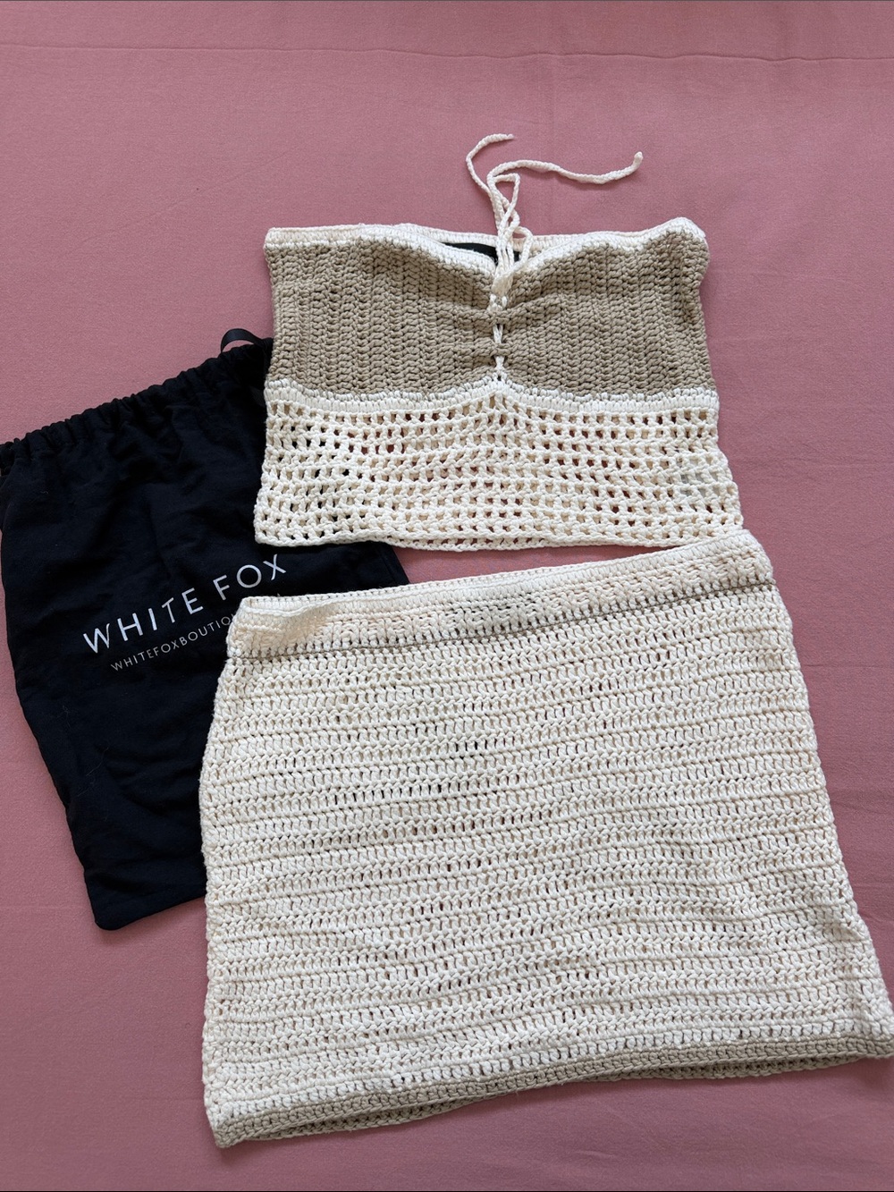 White Fox Boutique Two-Tone Crochet Mini Skirt Set in Cream and Tan